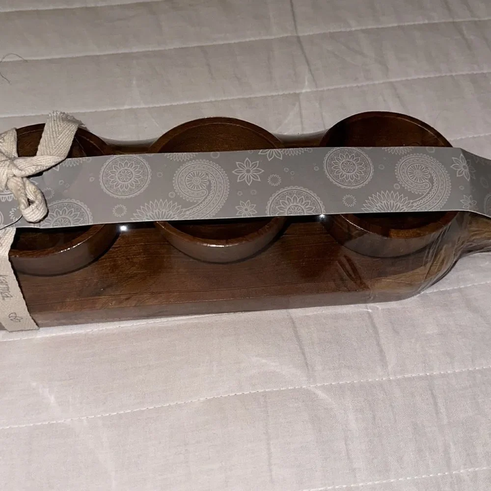 Karma Set of 5 piece Teak Wooden Condiment Dipping Bowls with a Serving Tray